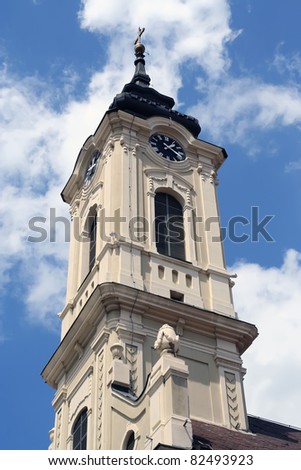 White orthodox church tower. Church tower.