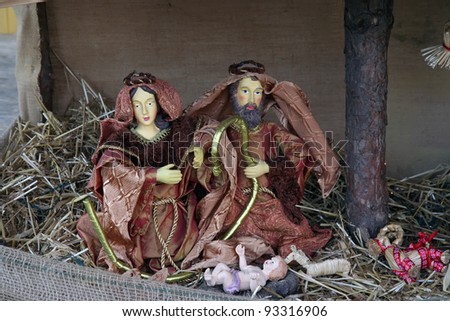 Jesus Christ birth figures. Christmas scene miniature models.