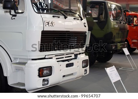 BELGRADE - MARCH 29: An FAP trucks on display at the 50th International Car Show on March 29, 2012 in Belgrade, Serbia.