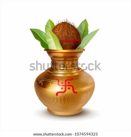 Wedding Kalash isolated on white. Hindu and Jain symbol of abundance, wisdom, and immortality. Vector illustration.