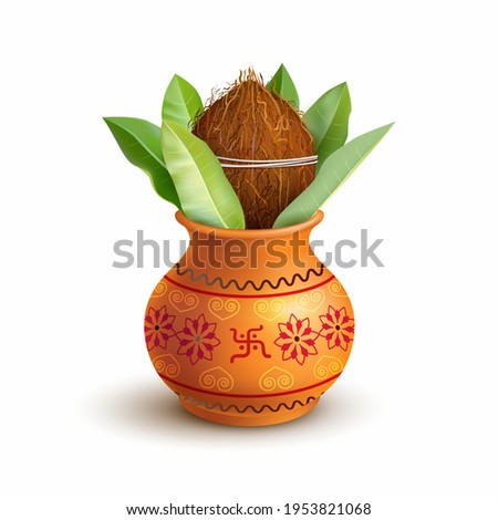 Traditional clay Kalash isolated on white. Hindu and Jain ritual element for puja. Sacral symbol of abundance, wisdom, and immortality. Vector illustration.