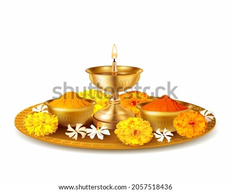 Traditional puja thali - plate for ritual ceremony with kumkum, haldi or turmeric powder, flowers and diya (oil lamp). Hindu sacral element for worshipping God. Vector illustration.