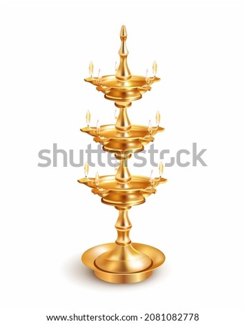 Indian gilded diya (oil lamp) isolated on white. Traditional element of ritual and religious ceremonies. Vector illustration.