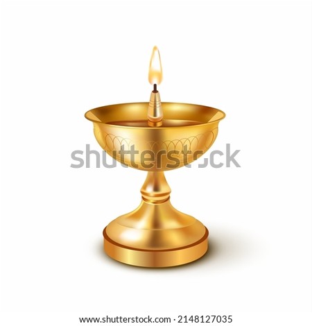 Indian gilded diya (oil lamp) isolated on white. Traditional element of ritual and religious ceremonies. Vector illustration.