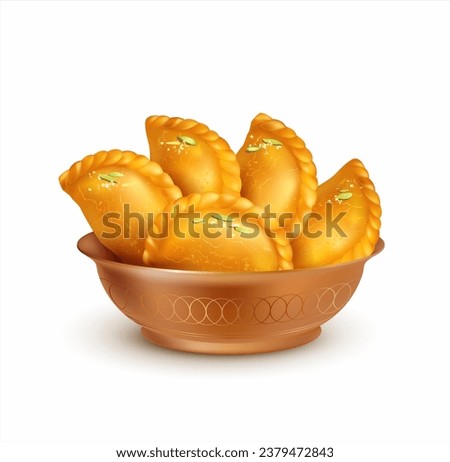Bowl with Indian sweets (or mithai) gujiya isolated on white. Pies with nut filling. Traditional dessert for many Hindu festivals (Pongal, Holi, Diwali). Vector illustration. 