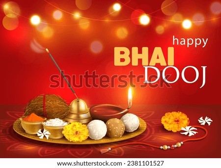 Greeting card with puja thali (tray) and traditional sweets (laddu) for Bhai Dooj (Yama Dwitiya) – Indian festival of brothers and sisters (Diwali season). Vector.