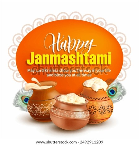 Greeting card with pots (kalash, handi) and milky food (dahi) for Hindu festival Krishna Janmashtami (birth of Lord Krishna). Vector illustration.