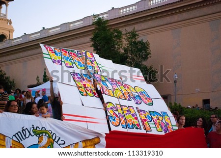 BARCELONA, SPAIN. SEPTEMBER 15TH: Unidentified Mexicans from #YoSoy132  protest against the electoral fraud in Mexico, on 15/Sept/2012 in Barcelona during the ceremony of the mexican independence day.