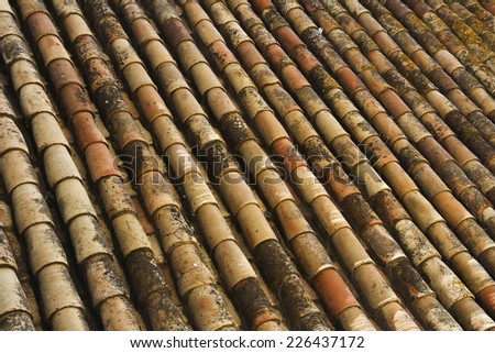 Background of old roof tiles covered by moss