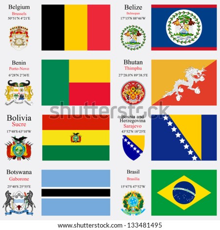 world flags of Belgium, Belize, Benin, Bhutan, Bolivia, Bosnia and Herzegovina, Botswana and  Brasil, with capitals, geographic coordinates and coat of arms, vector art illustration