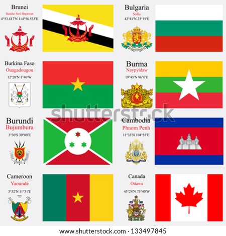 world flags of Brunei, Bulgaria, Burkina Faso, Burma or Myanmar, Burundi, Cambodia, Cameroon and Canada, with capitals, geographic coordinates and coat of arms, vector art illustration