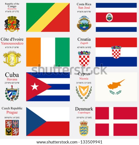 world flags of Republic of the Congo, Costa Rica, Cote d'Ivoire, Croatia, Cuba, Cyprus, Czech Republic and Denmark, with capitals, geographic coordinates and coat of arms, vector art illustration