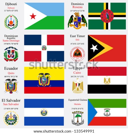 world flags of Djibouti, Dominica, Dominican Republic, East Timor, Ecuador, Egypt, El Salvador and Equatorial Guinea, with capitals, geographic coordinates and coat of arms, vector art illustration