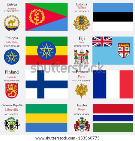 world flags of Eritrea, Estonia, Ethiopia, Fiji, Finland, France, Gabonese Republic and Gambia, with capitals, geographic coordinates and coat of arms, vector art illustration