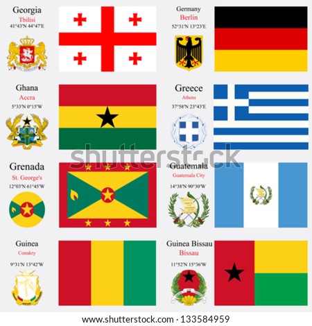 world flags of Georgia, Germany, Ghana, Greece, Grenada, Guatemala, Guinea and Guinea Bissau, with capitals, geographic coordinates and coat of arms, vector art illustration
