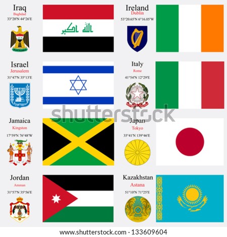 world flags of Iraq, Ireland, Israel, Italy, Jamaica, Japan, Jordan and Kazakhstan, with capitals, geographic coordinates and coat of arms, vector art illustration