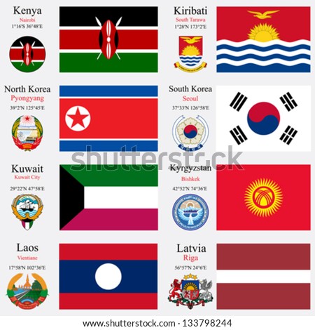 world flags of Kenya, Kiribati, North Korea, South Korea, Kuwait, Kyrgyzstan, Laos and Latvia, with capitals, geographic coordinates and coat of arms, vector art illustration