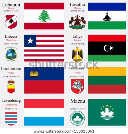 world flags of Lebanon, Lesotho, Liberia, Libya, Liechtenstein, Lithuania, Luxembourg an Macau, with capitals, geographic coordinates and coat of arms, vector art illustration
