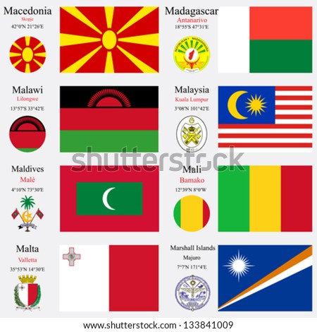 world flags of Macedonia, Madagascar, Malawi, Malaysia, Maldives, Mali, Malta and Marshall Islands, with capitals, geographic coordinates and coat of arms, vector art illustration