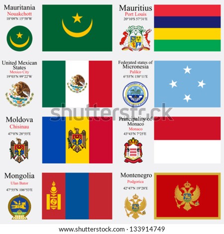 world flags of Mauritania, Mauritius, Mexic, Micronesia, Moldova, Monaco, Mongolia and Montenegro, with capitals, geographic coordinates and coat of arms, vector art illustration