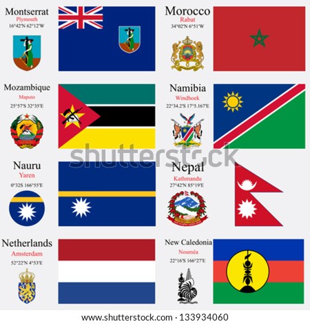 world flags of Montserrat, Morocco, Mozambique, Namibia, Nauru, Nepal, Netherlands and New Caledonia, with capitals, geographic coordinates and coat of arms, vector art illustration