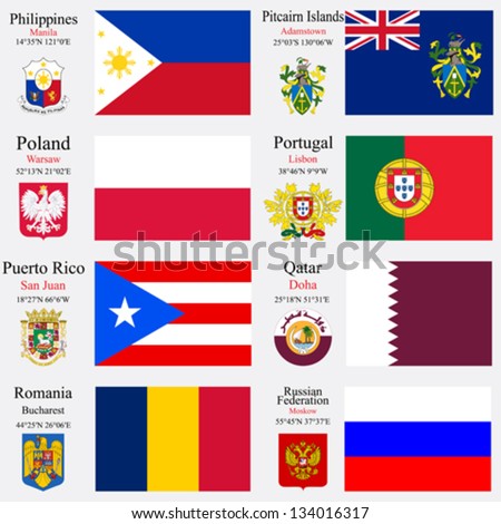 world flags of Philippines, Pitcairn Islands, Poland, Portugal, Puerto Rico, Qatar, Romania and Russian Federation, with capitals, geographic coordinates and coat of arms, vector art illustration