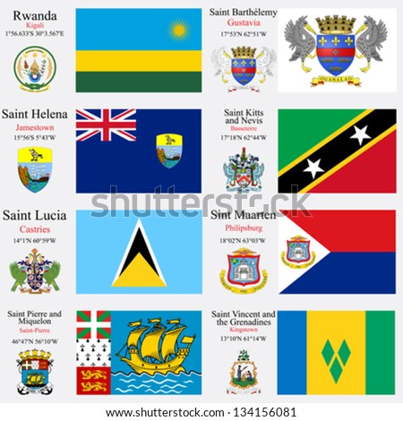 world flags of Rwanda, St Barthelemy, St Helena, St Kitts and Nevis, St Lucia, St Martin, St Pierre Miquelon and St Vincent and the Grenadines, with capitals, gps and coat of arms, art illustration