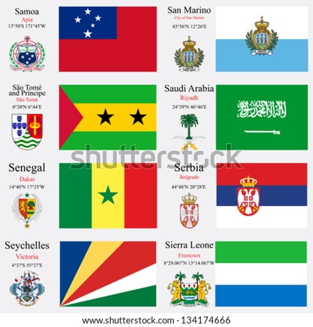 world flags of Samoa, San Marino, Sao Tome and Principe, Saudi Arabia, Senegal, Serbia, Seychelles and Sierra Leone, with capitals, geographic coordinates and coat of arms, vector art illustration