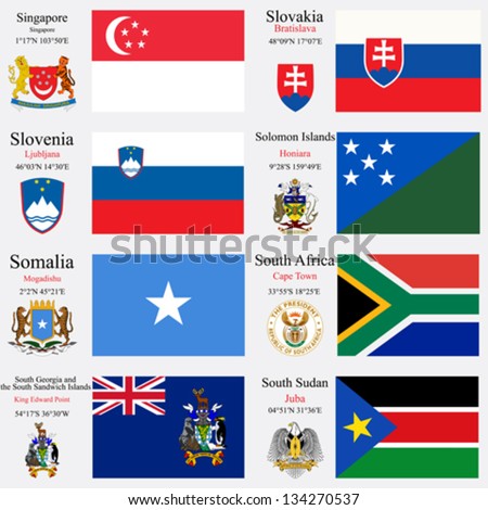 world flags of Singapore, Slovakia, Slovenia, Solomon Islands, Somalia, South Africa, South Georgia and the South Sandwich Islands and South Sudan, capitals, gps and coat of arms, art illustration