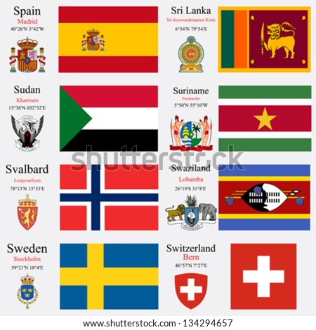 world flags of Spain, Sri Lanka, Sudan, Suriname, Svalbard, Swaziland, Sweden and Swiss Confederation, with capitals, geographic coordinates and coat of arms, vector art illustration