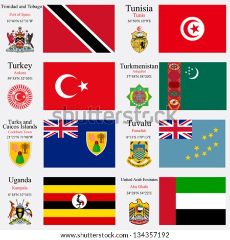 world flags of Trinidad and Tobago, Tunisia, Turkey, Turkmenistan, Turks and Caicos Islands, Tuvalu, Uganda and United Arab Emirates, with capitals, gps and coat of arms, vector art illustration
