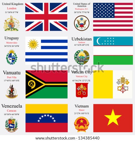 world flags of United Kingdom, United States of America, Uruguay, Uzbekistan, Vanuatu, Vatican City, Venezuela and Vietnam, with capitals, geographic coordinates and coat of arms, art illustration