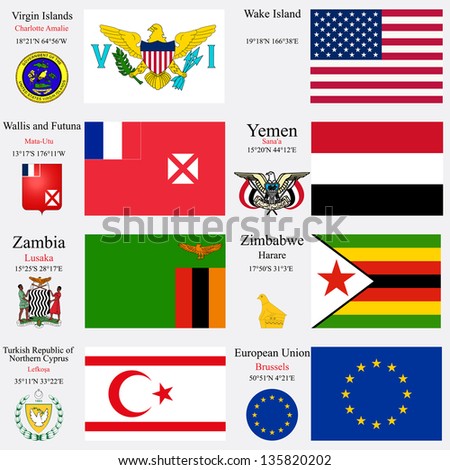 world flags of European Union, Turkish Republic of Northern Cyprus, Virgin Islands, Wake Island, Wallis and Futuna, Yemen, Zambia and Zimbabwe, with capitals, gps and coat of arms, art illustration
