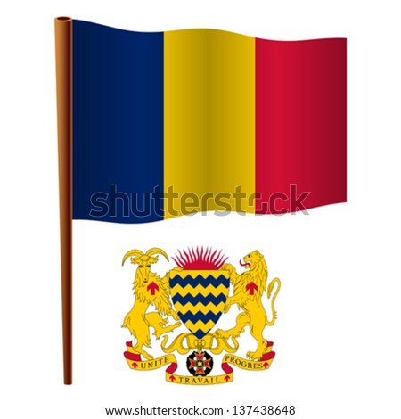 chad wavy flag and coat of arms against white background, vector art illustration, image contains transparency