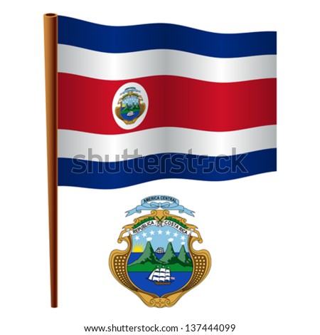 costa rica wavy flag and coat of arms against white background, vector art illustration, image contains transparency