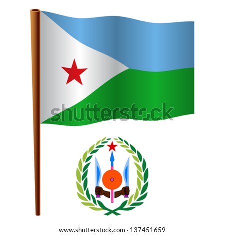 djibouti wavy flag and coat of arms against white background, vector art illustration, image contains transparency