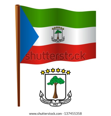 equatorial guinea wavy flag and coat of arms against white background, vector art illustration, image contains transparency