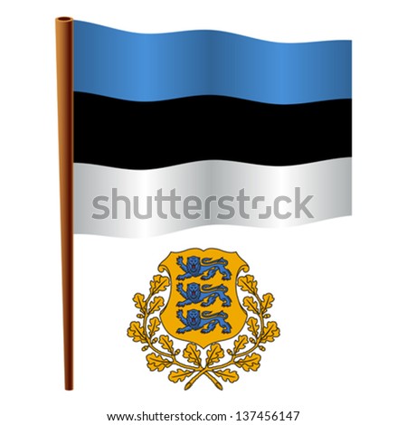 estonia wavy flag and coat of arms against white background, vector art illustration, image contains transparency