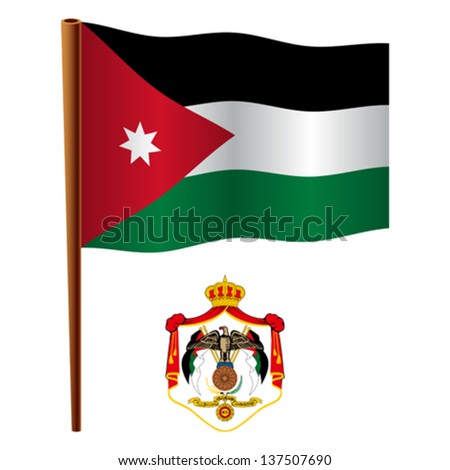 jordan wavy flag and coat of arms against white background, vector art illustration, image contains transparency