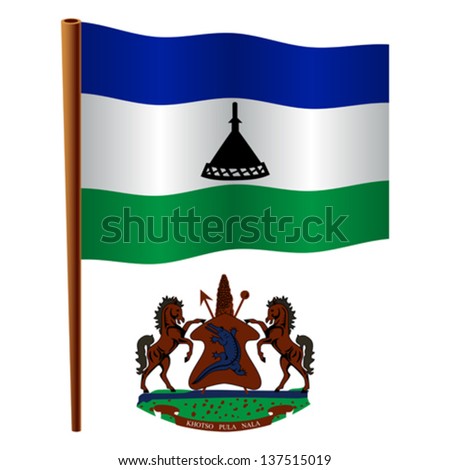 lesotho wavy flag and coat of arm against white background, vector art illustration, image contains transparency