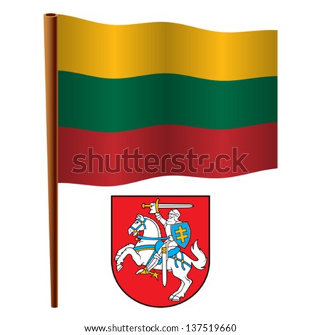 lithuania wavy flag and coat of arm against white background, vector art illustration, image contains transparency