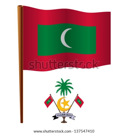 maldives wavy flag and coat of arm against white background, vector art illustration, image contains transparency