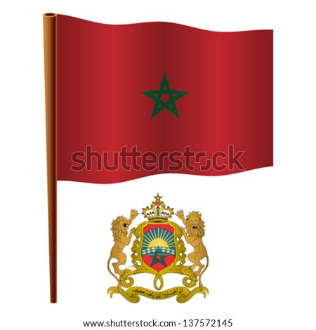 morocco wavy flag and coat of arm against white background, vector art illustration, image contains transparency