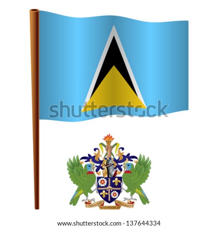 saint lucia wavy flag and coat of arm against white background, vector art illustration, image contains transparency