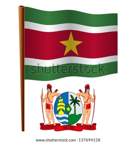 suriname wavy flag and coat of arm against white background, vector art illustration, image contains transparency