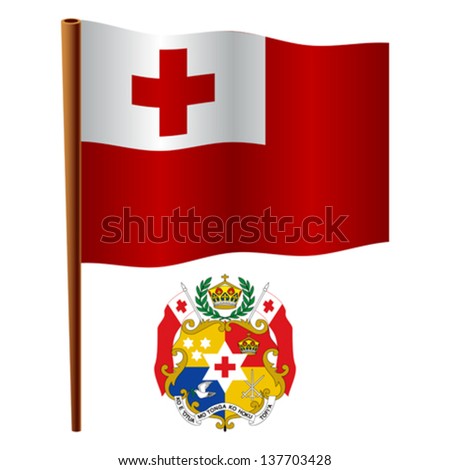 tonga wavy flag and coat of arm against white background, vector art illustration, image contains transparency