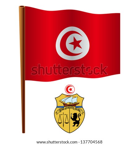 tunisia wavy flag and coat of arm against white background, vector art illustration, image contains transparency