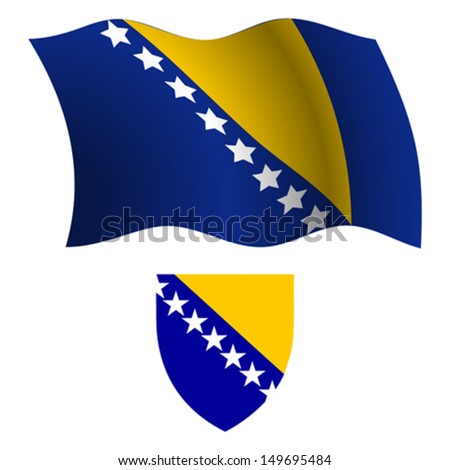 bosnia and herzegovina wavy flag and coat of arms against white background, vector art illustration, image contains transparency