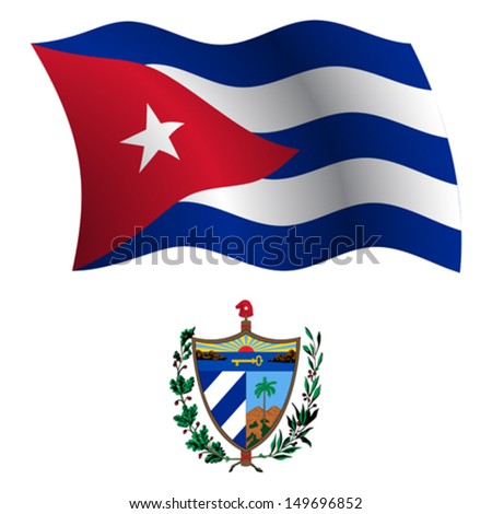 cuba wavy flag and coat of arms against white background, vector art illustration, image contains transparency