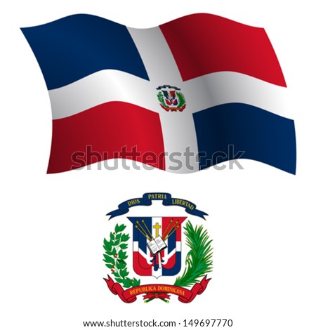dominican republic wavy flag and coat of arms against white background, vector art illustration, image contains transparency